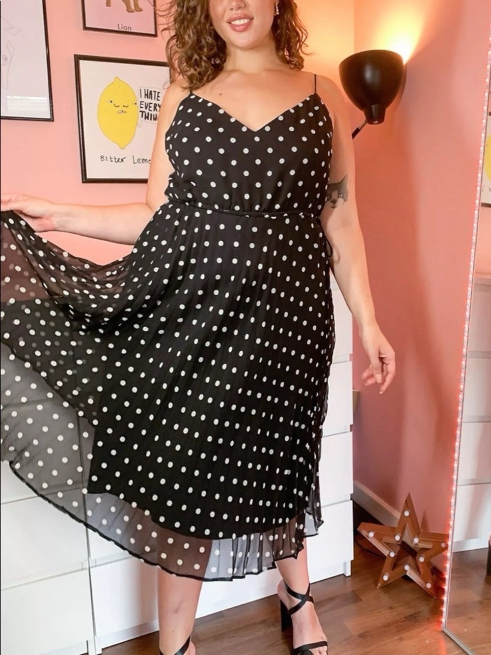 ASOS Curve Pleated Cami Midi Dress with Drawstring Waist in Polka Dot Size 14